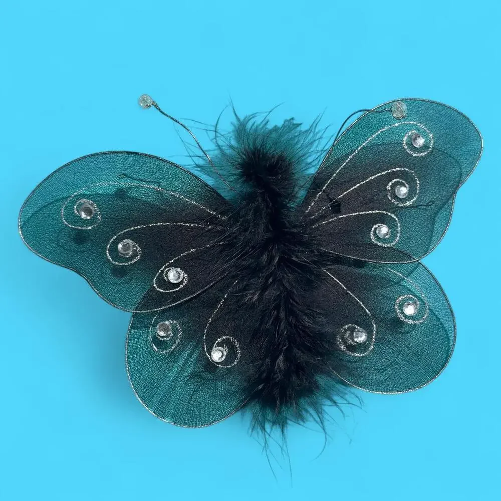 60s nylon black butterfly fascinator w/ fuzzy feather body